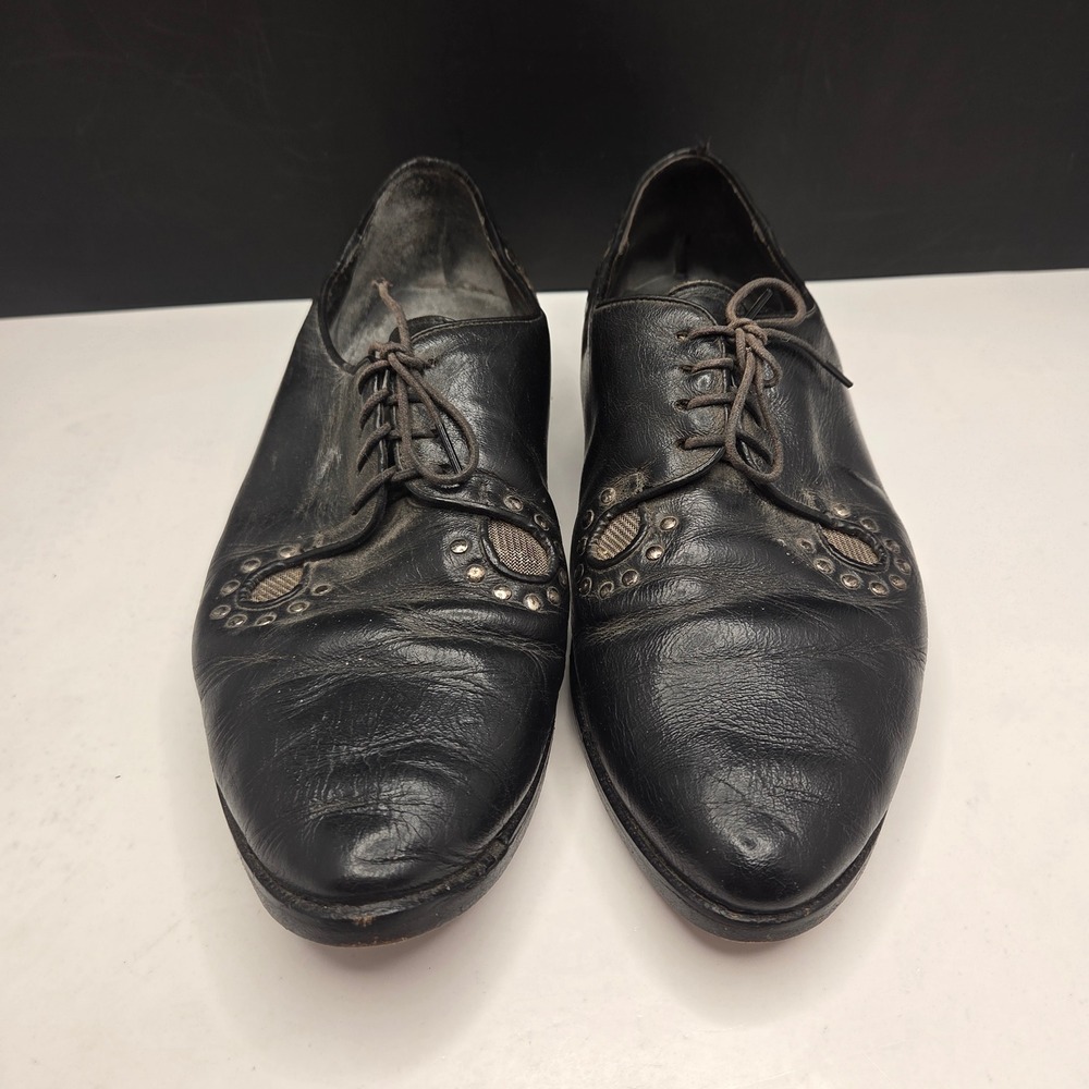 Vintage Black Leather Studded Mesh Oxford Shoes Pointed Toe Biltrite Heel Black